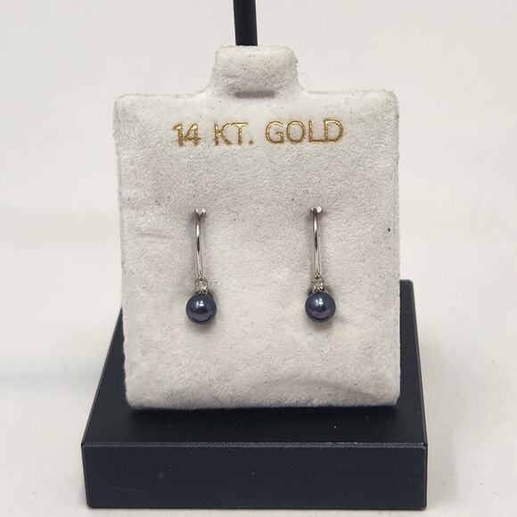 Black Pearl Diamond 14k White Gold Leverback Earrings Dainty Fine Jewelry - Picture 1 of 5